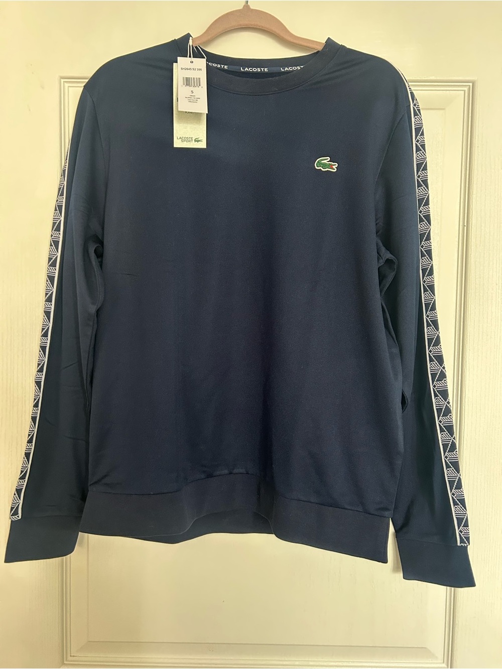 Lacoste Navy Sweatshirt with Green Croc and Geometric Sleeve Tape